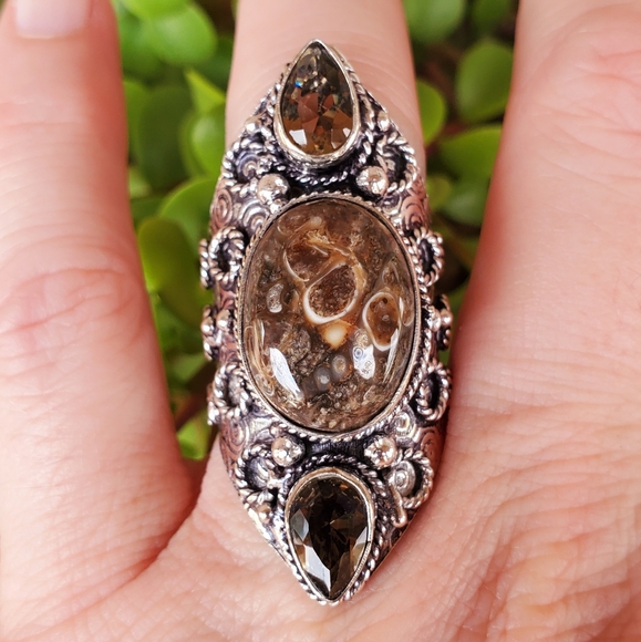 New Turtella Agate Fossil and Smoky Quartz 925 Silver Statement Ring. - Picture 9 of 16